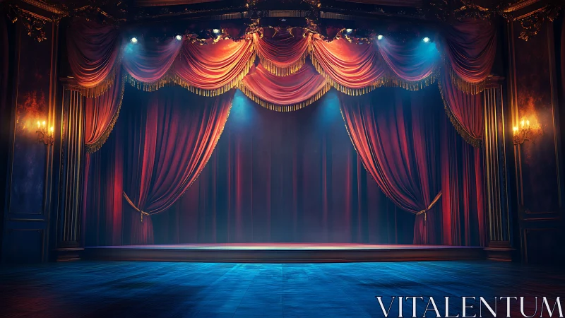 Grand velvet theater stage glows under dramatic lights.