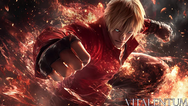 Dynamic fighter lunges forward through volumetric fire effects