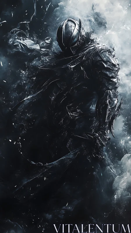 Shadow armored wraith emerges through fractured smoke storm.