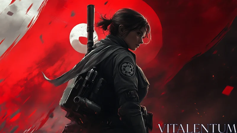 Armored sci fi soldier in profile before red eclipsed sun