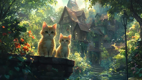 Two Kittens in Architectural Garden With Overgrown Structures