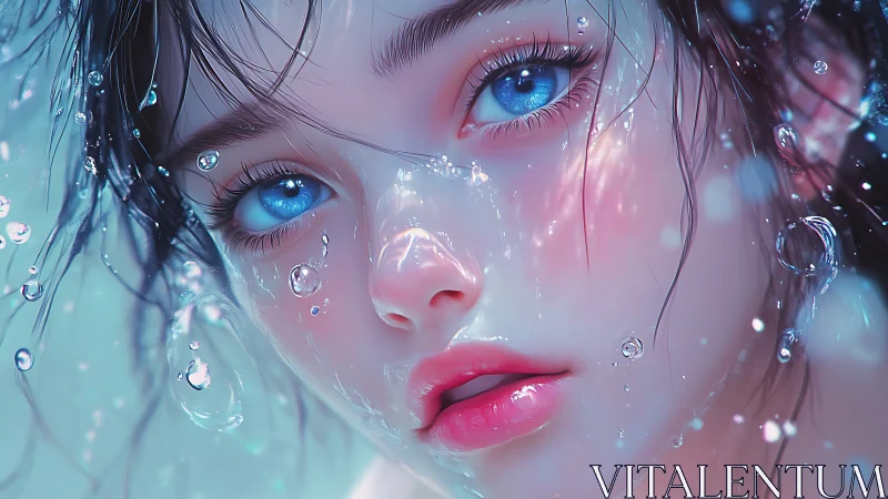 Blue eyed girl underwater in soft digital close up.