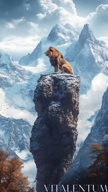 Majestic lion surveys icy mountain peaks in ethereal light