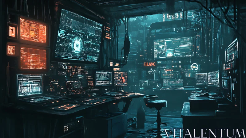 Crowded cyberpunk control room packed with glowing monitors.