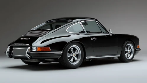 Rear three-quarter studio view shows classic black coupe