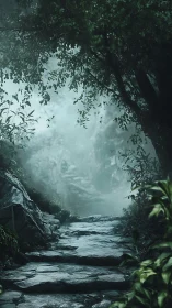 Misty Forest Stream Beneath Tree Canopy