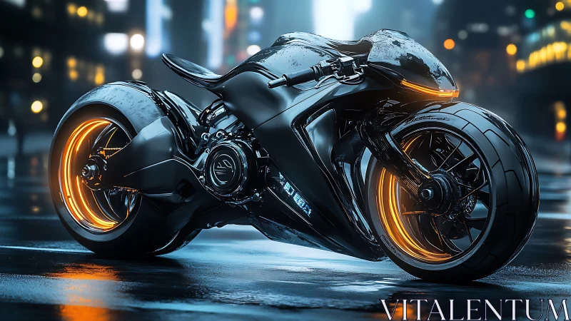Futuristic black motorcycle with orange neon wheel lights.