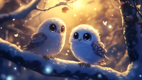 Two adorable baby owls on snowy branch in magical, glowing forest.