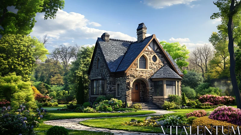 Storybook stone cottage glows amid lush landscaped gardens.