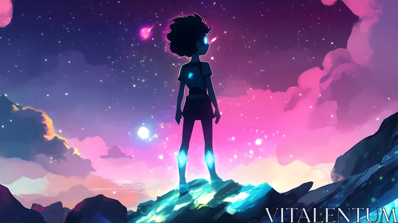 Stargazing silhouette over glowing alien cliffs at dusk.