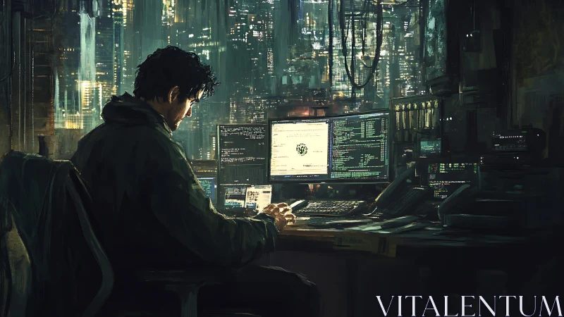 Lone urban hacker at multi-monitor rig in neon city loft.