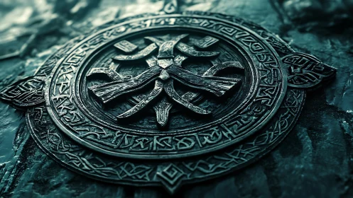 Ancient metal crest rests on weathered stone surface