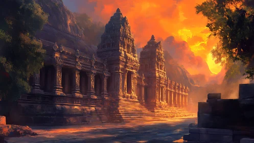 Digital rendering shows stone temple corridor at sunset