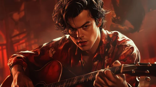 Moody guitarist lost in music under warm amber lights.