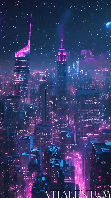 Neon-saturated night megacity under particulate starlit sky.