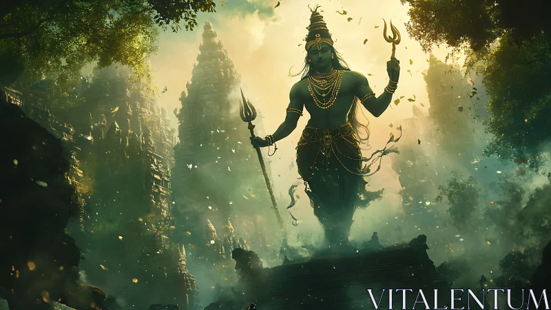 Mythic blue deity towering over misty temple ruins.