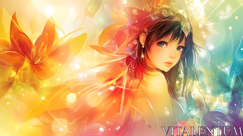 Ethereal anime girl glows amid luminous floral lightscape.