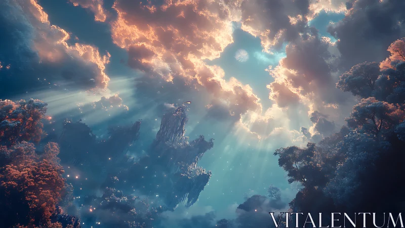 Skyward forests drift beneath a dawn of radiant clouds.