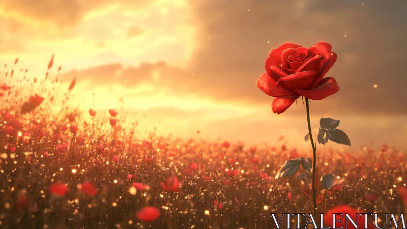 Red Rose Stands Alone in Golden Sunlit Field