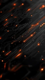 Dark circuit board surface shows linear traces and orange lights