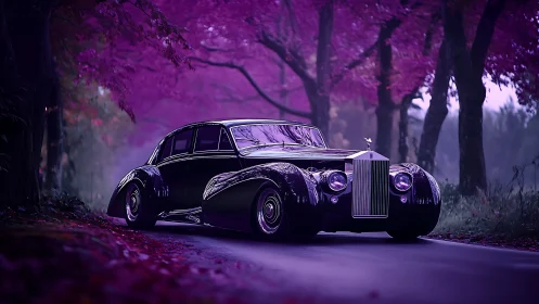 Vintage luxury sedan parked on road under purple trees