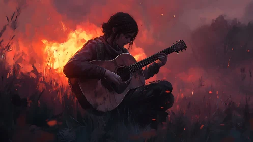Person plays acoustic guitar in front of intense outdoor fire