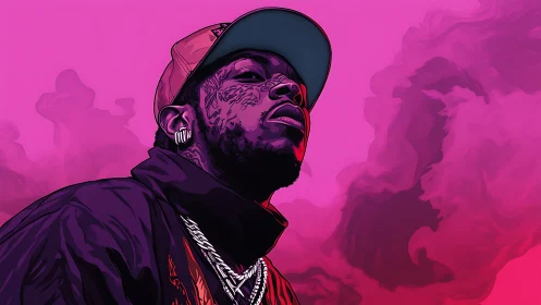 Stylized portrait of tattooed man in pink smoke clouds.