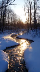 Winter creek reflects low golden sunset through bare forest