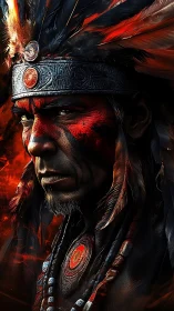 Ember-crowned warrior in blazing feathers and ritual paint.