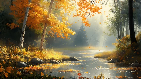 Golden autumn river glows softly through misty forest light