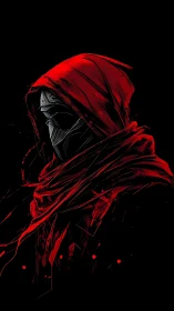 Hooded cyber assassin portrait in red shrouded silhouette.