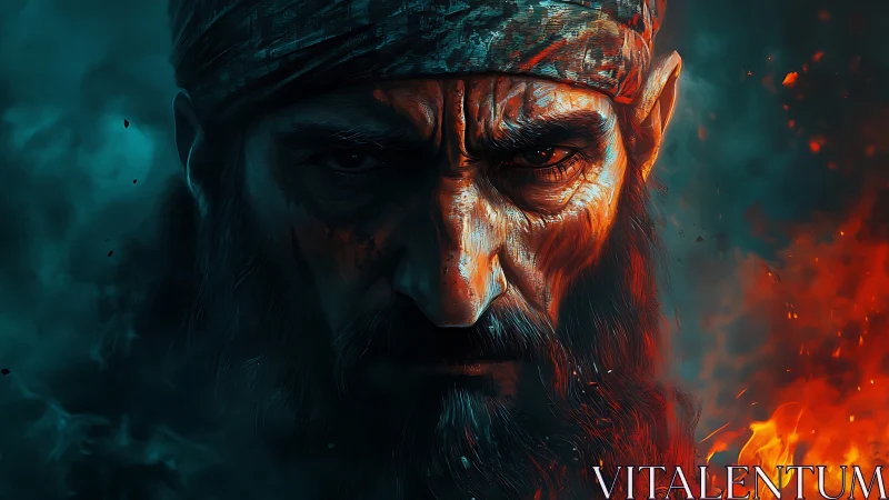 Bearded man portrait in blue smoke and orange fire light.