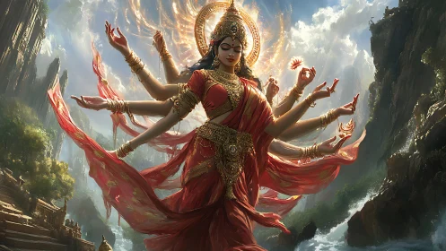 Radiant many-armed goddess ascends through stormlit canyon sky.