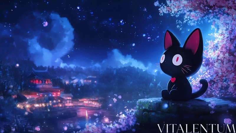 Starry night cat dreaming beneath glowing cherry blossoms.