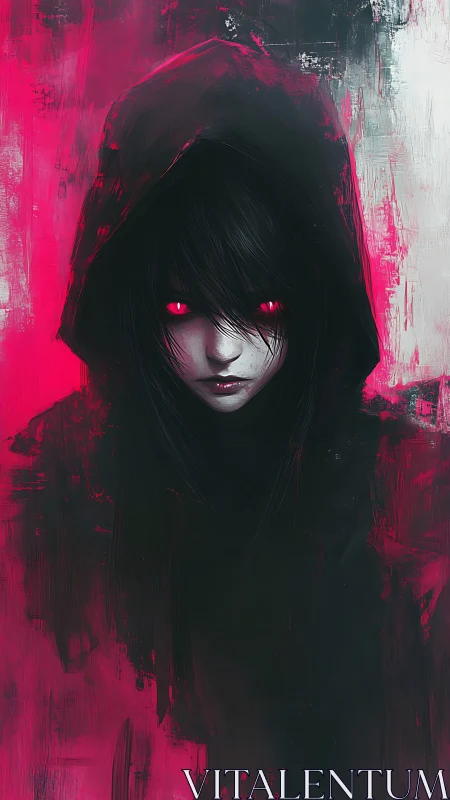 Hooded figure with glowing eyes emerges from neon shadows