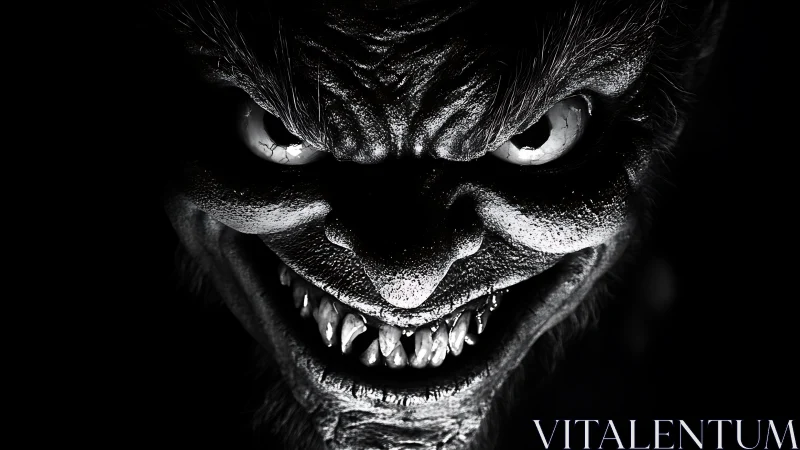 Monochrome close-up shows distorted creature face in shadow