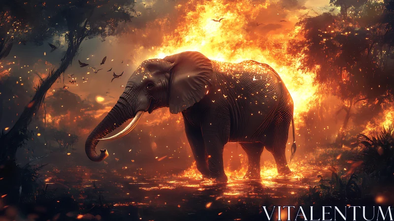 Majestic elephant silhouetted against blazing jungle inferno.