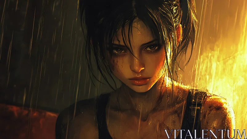 Fierce rainlit heroine standing steady in golden storm.