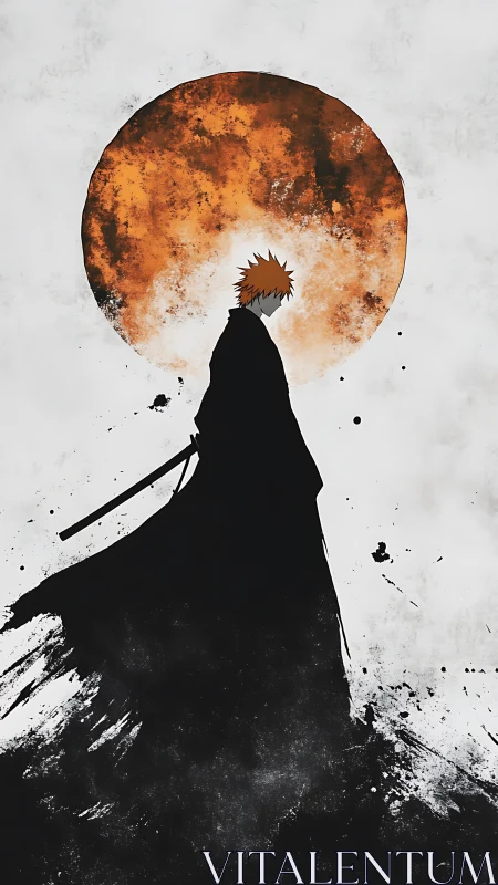 Silhouetted swordsman rendered against textured orange celestial disc