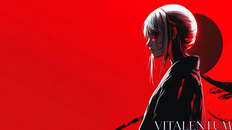 Stoic anime warrior in red with sun and harsh shadows.