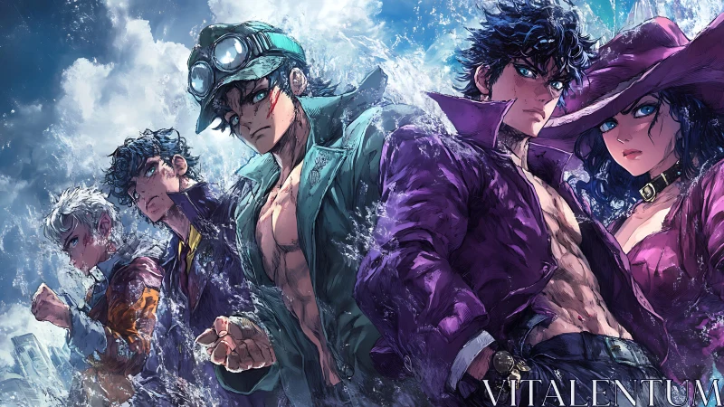 Stylized anime heroes emerge through crashing ocean spray.