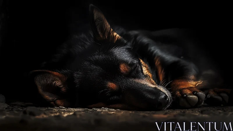 Sleeping dog in dramatic low light rests in deep shadow.