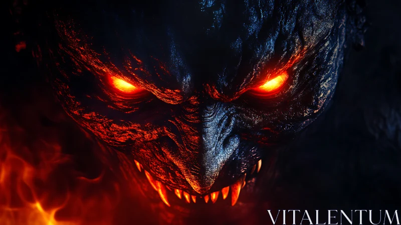 Fiery demonic creature face with glowing eyes close view.