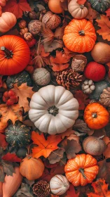 Pumpkin flatlay over autumn leaves with harvest accents.