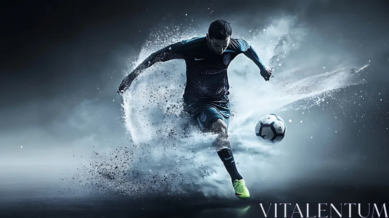 Digital soccer player motion effect in dark studio space.
