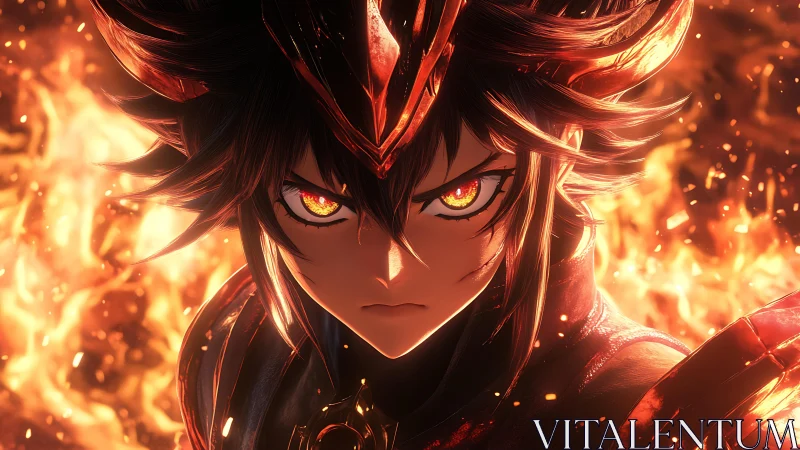 Demonic anime warrior emerges from inferno with blazing eyes.