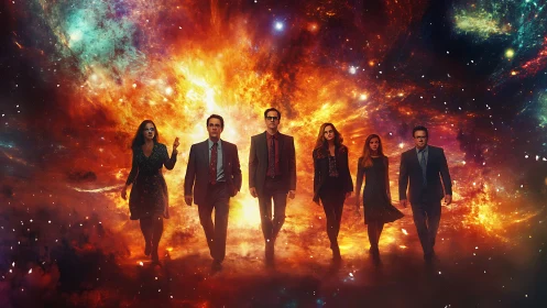 Confident professionals stride forward through a blazing cosmos