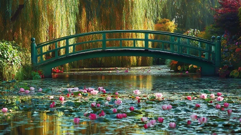 Green garden bridge over lily pond under golden willows.
