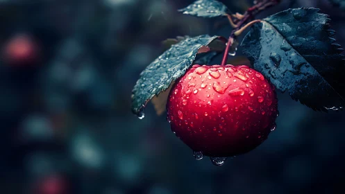 Single wet red apple captured with shallow depth of field macro