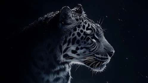 Snow-covered big cat photographed in profile against dark background.